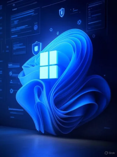 A digital illustration of a glowing Windows logo surrounded by blue swirling waves and security icons.