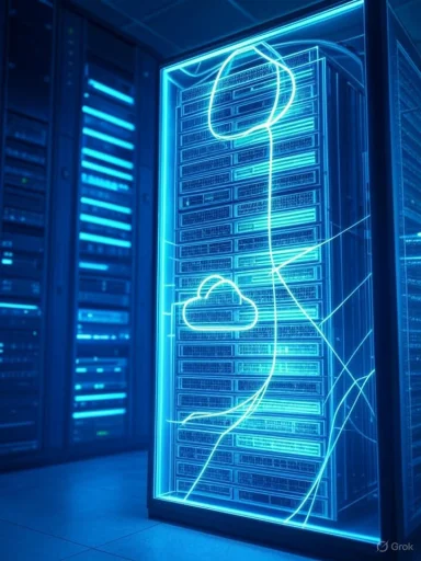 A futuristic data server room illuminated with neon blue lines forming cloud, sun, and lightening bolt icons.