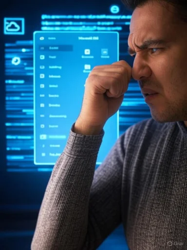 A man looks worried while analyzing a digital interface with a futuristic, holographic display of files or data.