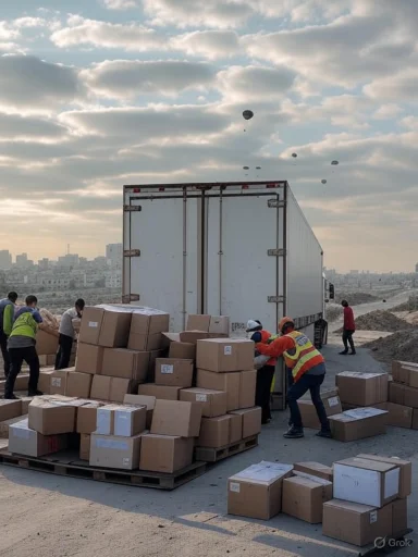 Workers unload boxes from a truck at a construction site under a cloudy sky with hot air balloons in the distance.
