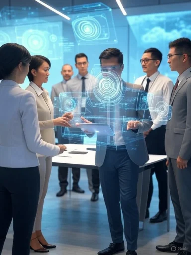 Business team discussing with a digital hologram projection of futuristic interfaces in a high-tech conference room.