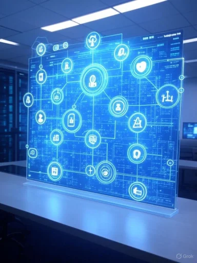 A holographic digital network visualization displaying interconnected icons related to technology, data, and communication.