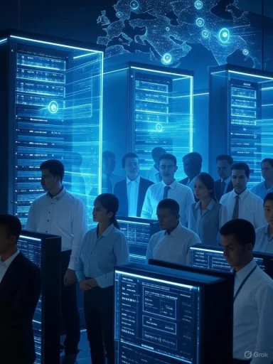 Group of people in a high-tech data center or control room with holographic world map and glowing servers.