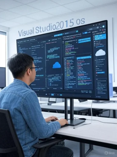 Person working on code displayed on a large monitor in a modern office, labeled 'Visual Studio 2015 OS.'