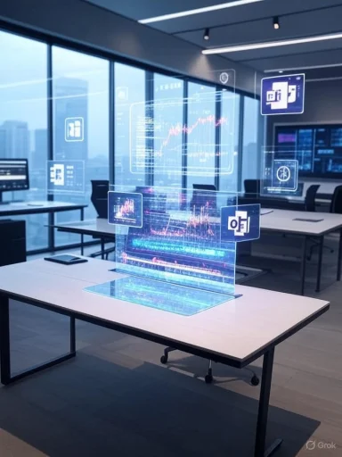 Digital data and analytics visualized as holograms in a modern conference room.