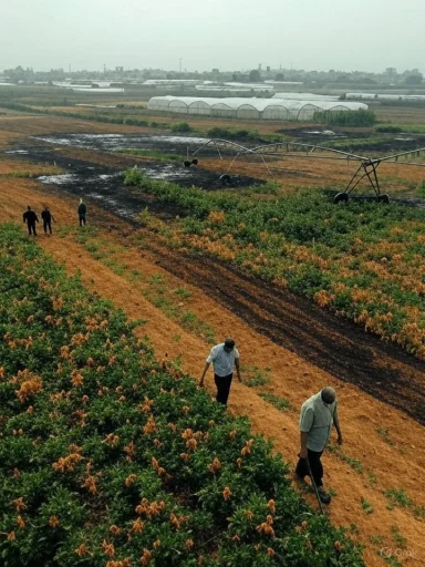 Farm workers tend to blooming plants while irrigation equipment irrigates the fields on a cloudy day.