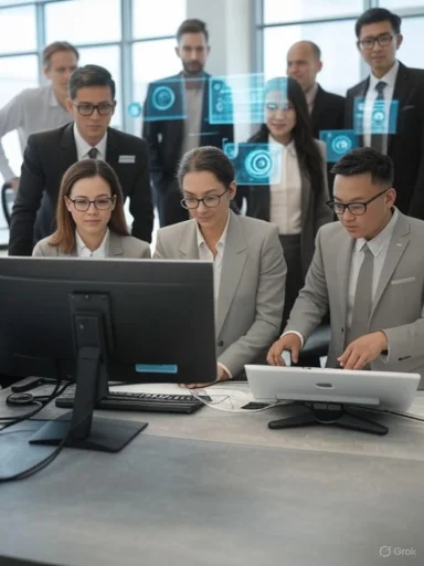A team of professionals analyzes data on a computer with futuristic digital interfaces floating above in a modern office.