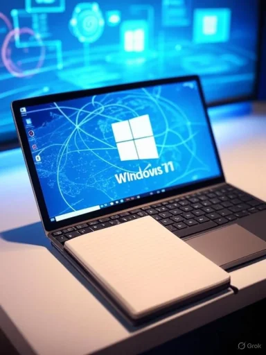 A laptop displaying Windows 11 on a desk with a notepad and a large screen in the background.