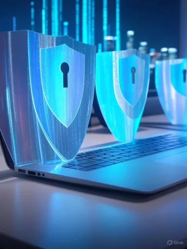 Digital shields with security icons emitting blue light on a laptop, symbolizing cybersecurity protection.