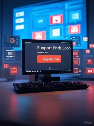 A computer monitor displays a message saying 'Support Ends Soon' with an 'Upgrade Now' button, surrounded by digital icons and graphics.