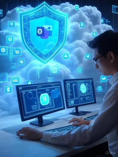 A person works at a computer with multiple monitors, surrounded by digital security icons and a shield symbol in a cloud background.