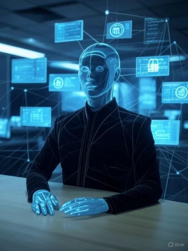 A futuristic digital avatar with holographic interfaces, representing artificial intelligence or cyber technology.