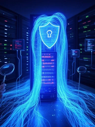 A digital representation of cybersecurity with neon blue wires forming a shield and hair, symbolizing data protection.