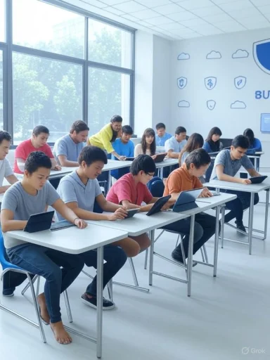 Students in a classroom using tablets, with a teacher supervising, under bright natural light.