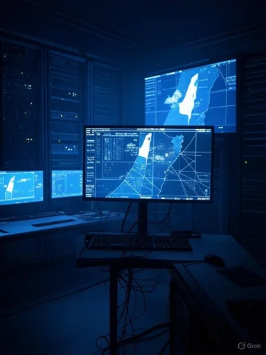 A control room with multiple monitors displaying satellite images and data, illuminated by blue lights.