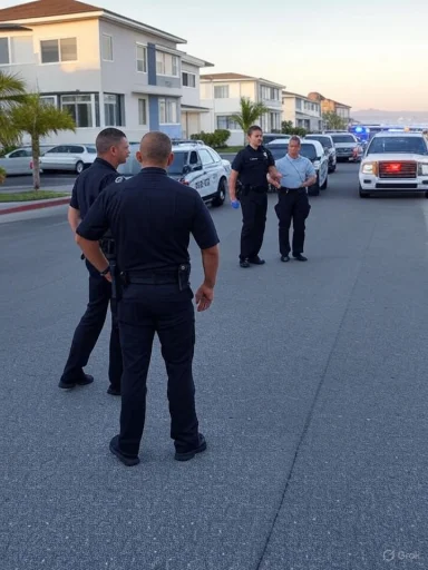 Four police officers gather and converse on a residential street at dusk, with police vehicles and flashing lights in the background.