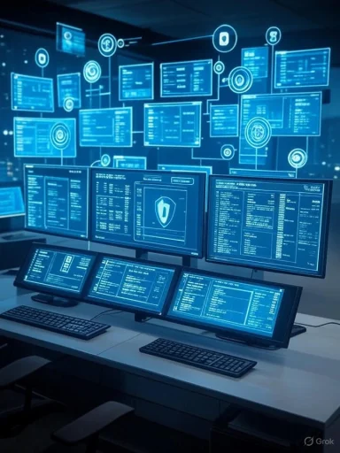 Multiple monitors display complex data and security information in a high-tech cybersecurity command center.