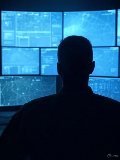 A person monitors multiple digital screens displaying data and maps in a dark control room.