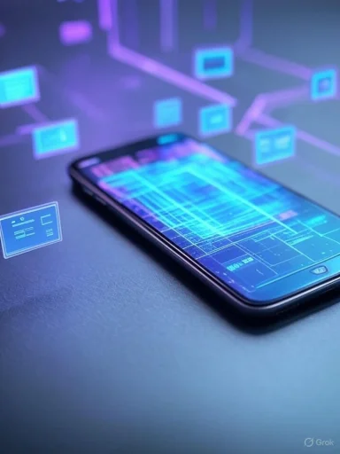 A smartphone displaying a futuristic holographic interface with floating data screens and digital graphics. A smartphone displaying a futuristic holographic interface with floating data screens and digital graphics.