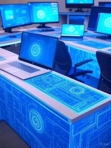 A high-tech computer lab with multiple monitors and a desk illuminated with digital blueprint-style graphics.
