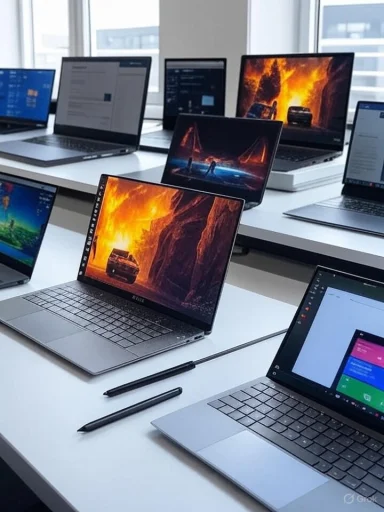 Multiple laptops displaying various screens, arranged on a white desk in a modern office setting.