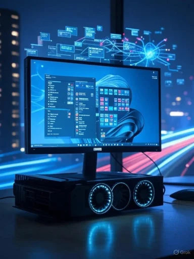 A computer workstation with a monitor displaying a futuristic digital interface, set against a cityscape with light trails.