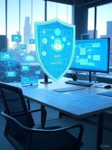 A futuristic digital security shield hovers over a modern office desk with computers, symbolizing cybersecurity.
