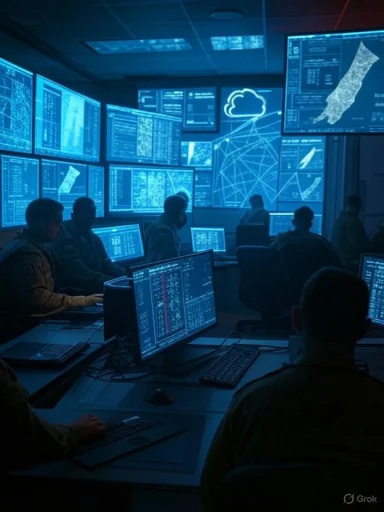 Cybersecurity team analyzes multiple screens displaying maps, graphs, and cloud data in a high-tech operations room.