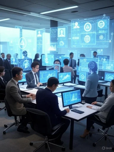 A futuristic office with professionals analyzing data on holographic and digital screens.