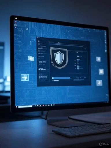 A computer screen displaying a cybersecurity dashboard with shield icon and data security interface.