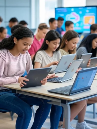 Students are engaged with laptops during a classroom or workshop session.