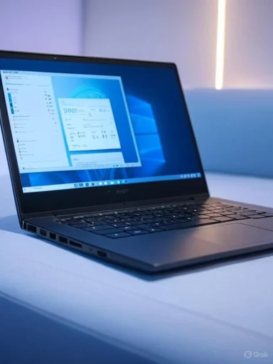 A laptop displaying a performance test window on a sleek, modern desk with soft lighting.