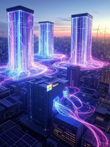 Futuristic cityscape with glowing, holographic skyscrapers and vibrant light trails over a city at sunset.