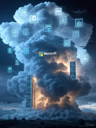 A digital cloud with interconnected icons over a city skyline, symbolizing cloud computing and digital connectivity.