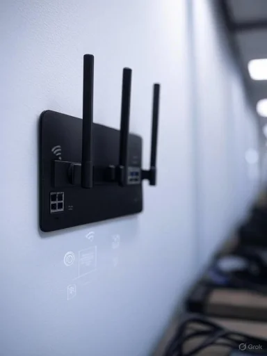 A wall-mounted Wi-Fi router with multiple antennas, connected to a network.
