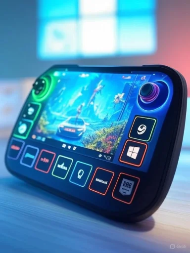 A gaming device with colorful controls and a vibrant screen displaying a racing game, placed on a light surface.
