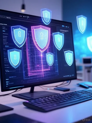 A computer screen displays multiple illuminated digital shield icons representing cybersecurity protection.