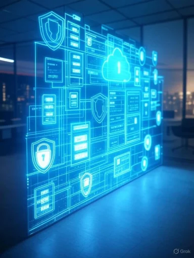 Futuristic digital security interface with shield, lock, and cloud icons displayed on a transparent screen in a modern office.