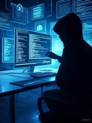 A hooded hacker working on multiple screens with cybersecurity icons in a dark, blue-lit environment.