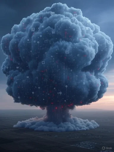 A digital cloud explosion representing data impact or cyberattack, with glowing symbols and cascading red lights.