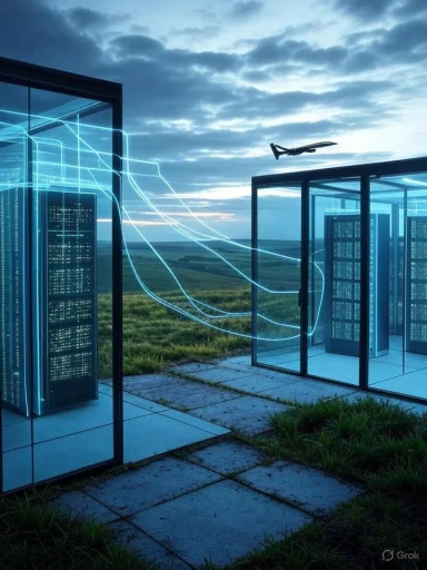 A plane flies over two modern server rooms connected by glowing data streams, set in a grassy landscape at sunset.