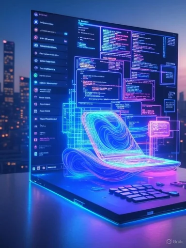 A holographic digital interface of a laptop with code and data visuals against a cityscape at dusk.