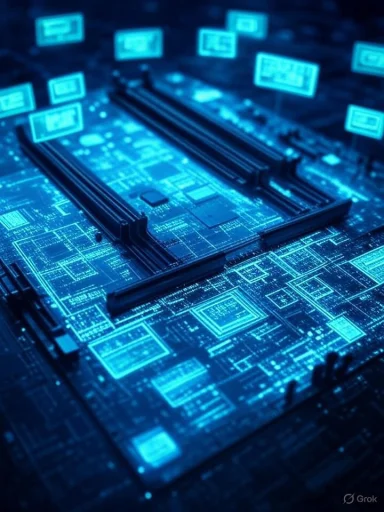 A close-up of a illuminated circuit board with glowing blue digital components and chips.