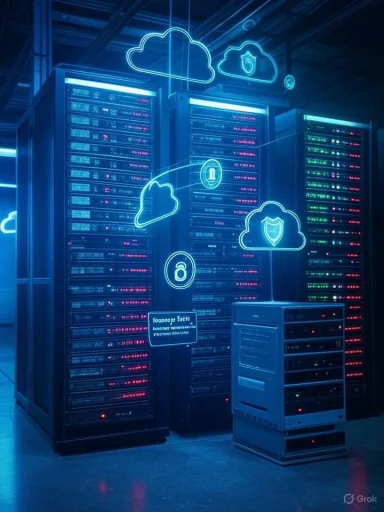 Data servers in a high-tech facility surrounded by glowing cloud security icons.