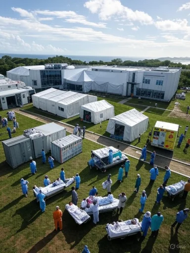 Medical staff and patients evacuate from a healthcare facility amid a medical emergency outdoors.