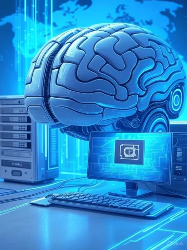 A digital brain floating above a computer setup, symbolizing artificial intelligence and advanced technology.