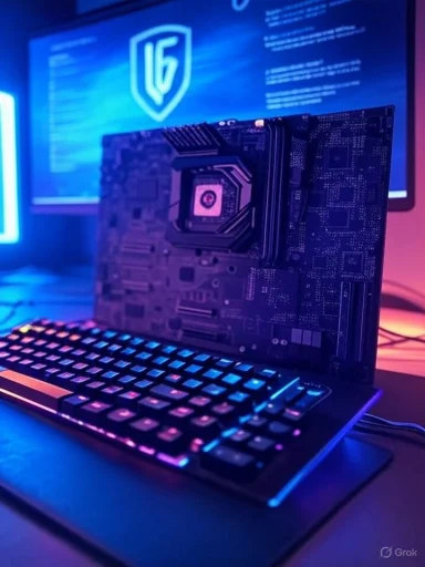 A computer setup featuring a backlit keyboard, a motherboard leaning against a monitor, and a screen displaying a shield logo.