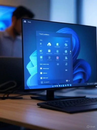 A computer monitor displaying a Windows 11 desktop with a person working in the background.