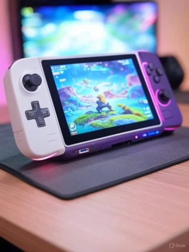 A handheld gaming console displaying a colorful adventure game, placed on a desk with a blurred monitor in the background.
