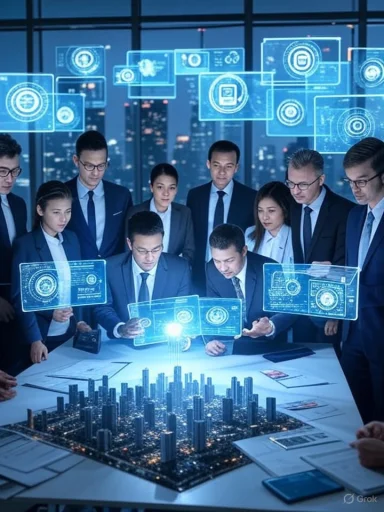 Business professionals analyze a futuristic city model with holographic data overlays in a high-tech conference room.